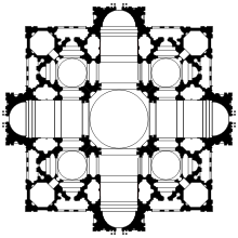 This is plan 1 of 3. The plan is based on a square, superimposed on a cross with arms of equal length. The cross makes the main sections of the church building: nave and chancel crossed by the transepts, with a circular dome over the crossing. There are four smaller domes, one in each corner of the square. The arms of the cross project beyond the square.