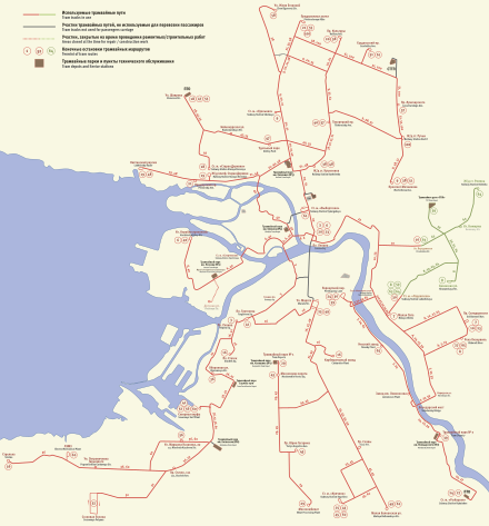 Map of Saint Petersburg's tram system in 2022. The system was once the world's largest, before it was surpassed by Melbourne's system.