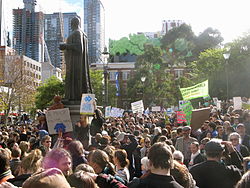 Part of the crowd at the State Library of Victoria during the Melbourne demonstration. Say Yes demonstration Melbourne middle statue.JPG