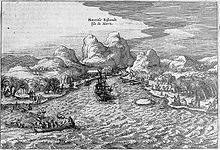 Gravure en noir et blanc représentant une île montagneuse avec une frégate située à l'embouchure d'un fleuve. Un canot est entouré de petites pirogues ; un des hommes sur le canot tire un mousquet sur ses poursuivants