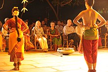 Bharatanatyam performance at Kalakshetra, during visit of Hillary Clinton, 2011 Secretary Clinton, Leela Samson, and Ambassador Burleigh Enjoy a Bharat Natyam Performance (2).jpg