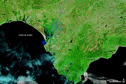 Image satellite du sud de l'Espagne avec le golfe de Cadix sur la gauche.