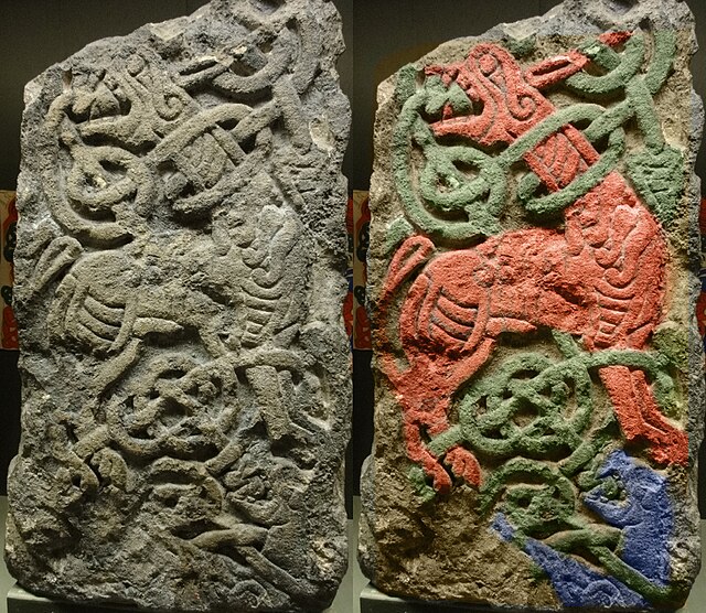 A 9th-century Anglo-Saxon cross found at the Priory, now in Gloucester City Museum & Art Gallery. (Painted replica on right).