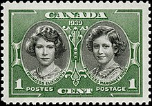 Postage stamp illustrating Princesses Elizabeth and Margaret issued during the Royal visit to Canada with their parents in 1939 Stamp-Canada 1939 Royal Visit 2 princesses.jpeg