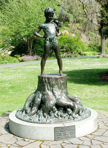 Statue of Peter Pan and Tinkerbell in Dunedin Botanic Gardens, Dunedin, New Zealand.  Photo Courtesy of WikiMedia Commons: James Dignan