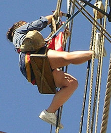 Tarring rope aloft in the rigging of a sailing ship Tarringlines.jpg