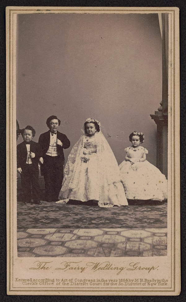 Entertainers associated with Barnum: Charles Stratton ("General Tom Thumb") and his bride Lavinia Warren, alongside her sister Minnie and George Washi