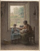 La leçon de couture, vers 1860, fusain et pastel, 38 × 31 cm, Crocker Art Museum.