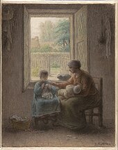 La lección de costura de Jean-Francois Millet, c.  1860, carboncillo y pastel.jpg