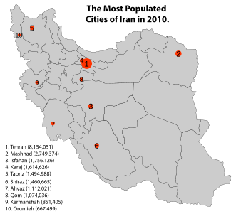 The most populated cities of Iran in 2010