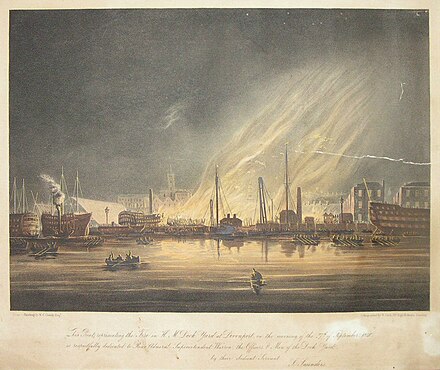 The Fire on the morning of 27 September 1840, by W. Clerk, after Nicholas Condy, which threatened to destroy the dockyard