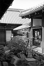 Small garden framed by wooden buildings with a veranda.