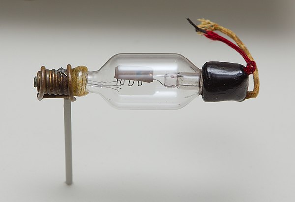 Triode Audion vacuum tube from 1908. The filament (which was also the cathode) was at the lower left inside the tube, but has burned out and is no lon