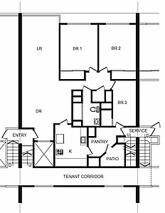 Typical apartment floor plan showing service and tenant stairs to two different corridors on two different levels.