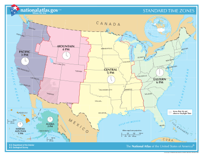 Map of U.S. time zones with new CST and EST areas displayed. Some U.S. time zones, such as the Samoa Time Zone, are not on this map. US-Timezones.svg