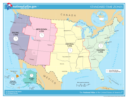 Map of U.S. time zones between April 2, 2006 and March 11, 2007. The current situation is different only in that six Indiana counties have since been moved from the Central time zone to the Eastern time zone. US-Timezones.svg