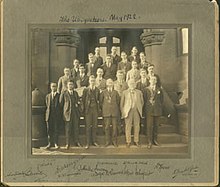 The founding class of Ubiquiteers. James Shirley Sweeney (front row, third from left) stands next to School leaders William H. Howell (to the right of Sweeney), and William Henry Welch. Five years later, Howell would memorialize Sweeney's inspiration for the student group. Ubquiteers.jpg
