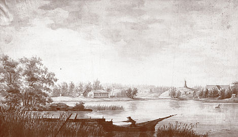 Kyrkan och prästgården samt Prästviken. Lavering i sepia, c:a 1850