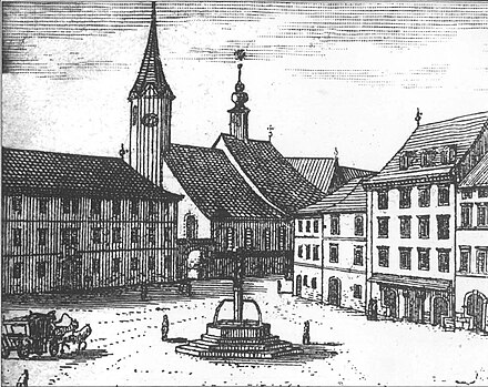Depiction of the old Ljubljana Cathedral from The Glory of the Duchy of Carniola (1689)