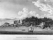 Gravure représentant le comptoir de Friendly Cove dans la baie de Nootka en 1791.