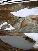 Small hot lake with mineral deposits near Víti