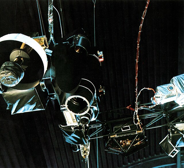 A view of some of Voyager's instruments from below. Left: the cameras, ultraviolet and infrared spectrometers (far left), plasma detector (black box l