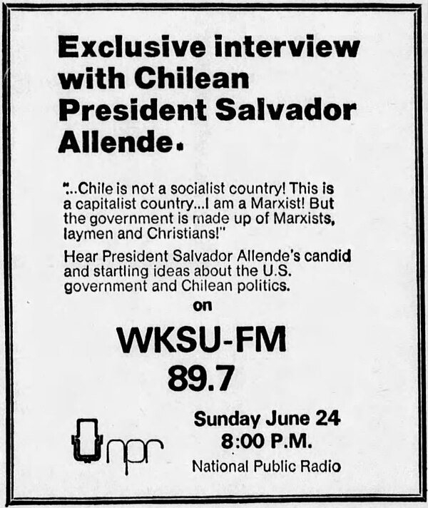 WKSU joined NPR in 1973; this ad promoted an interview with Chilean president Salvador Allende.