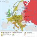 Kartskisse over Europa som viser det tyske angrepet på Danmark, Norge, Belgia, Nederland, Luxembourg og Frankrike og den sovjetiske okkupasjonen av de baltiske landene Estland, Latvia og Litauen, deler av Finland og Romania.