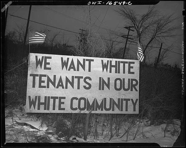 White tenants seeking to prevent Blacks from moving into the housing project erected this sign. Detroit, 1942.