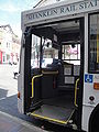 The entrance of Wightbus 5862 (HW54 DCE), a Dennis Dart SLF/Plaxton Pointer 2 MPD, at the bus stop in the High Street, Ventnor, Isle of Wight on the Rail Link route 16 service.