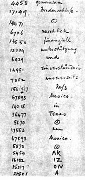 A portion of the Telegram as decrypted by British Naval Intelligence codebreakers. Since the word Arizona was not in the German codebook, it had to be split into phonetic syllables. Ztel2.jpg