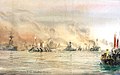 'American Minesweepers cheering British battleships. (at) Scapa', 1918 RMG PW0911.jpg
