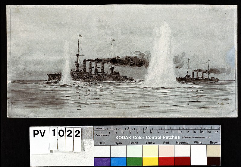 File:'The Splashes of "Canopus"'s Guns'- 'Scharnhorst' and 'Dresden' at the Battle of the Falkland islands, 8 December 1914, about 13.30 RMG PV1022.jpg