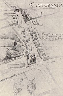 Henri Prost's plans to extend 4éme Zouaves Street (now Félix Houphouët-Boigny Street) from the port to the Place de France (now United Nations Square), part of his redesigns of Casablanca's urban landscape.