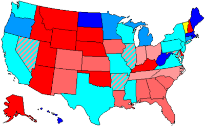 House seats by party holding majority from state
80+% Democratic
80+% Republican
60+ to 80% Democratic
60+ to 80% Republican
Up to 60% Democratic
Up to 60% Republican
Striped: Even Democratic/Republican split
100% independent 106 us house membership.png