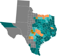 1861 Texas Secession Referendum Map by county, teal is For and orange is Against 1861 Texas Secession Referendum Map.svg