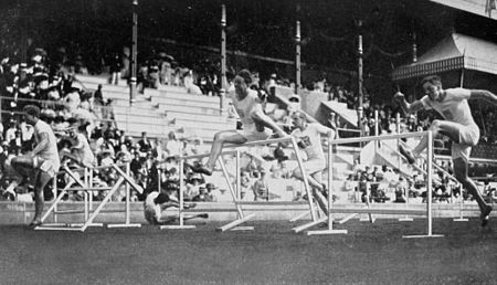 The final where John Nicholson fell and did not finish the race. 1912 Athletics men's 110 metre hurdles final.JPG