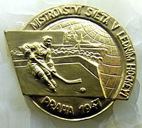 A gold medal won by Czechoslovakia (1947) 1947 IIHF World Championship Gold Medal.jpg