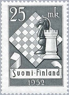 Finnish stamp dedicated to the 1952 Chess Olympiad 1952 Chess Olympiad Finnish stamp.jpg