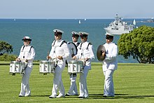 The band's drumline during the 171st commemorations of the signing of the Treaty of Waitangi, 5 February 2011. 20110205 PH T1015674 0125 - Flickr - NZ Defence Force.jpg