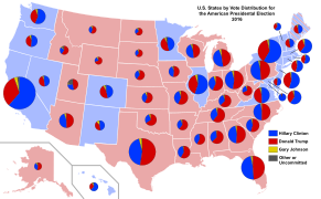نتایج بر اساس آرای مردمی در هر ایالت. نمودار دایره‌ای هر ایالت متناسب با تعداد رای الکترال آن ایالت می‌باشد.