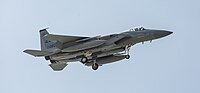 A US Air Force F-15C Eagle, tail number 85-0095, on final approach at Kadena Air Base in Okinawa, Japan. The aircraft is assigned to the 44th Fighter Squadron.