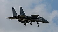 A US Air Force F-15C Eagle, tail number 85-0114, on final approach at Kadena Air Base in Okinawa, Japan.