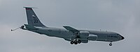 A KC-135R Stratotanker, tail number 62-3565, on final approach at Kadena Air Base in Okinawa, Japan in March 2020. It is assigned to the 909th Air Refueling Squadron at Kadena AB.