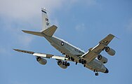 A US Air Force RC-135W Rivet Joint on final apparoach to Kadena Air Base in Okinawa, Japan.