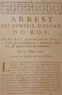 Arrêt du Conseil d'état du Roy datant de 1742 et portant règlement pour les toiles et voiles fabriquées à Locronan.