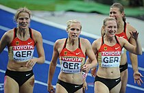 Marion Wagner (hier ganz links mit der deutschen Sprintstaffel im Jahr 2009) fehlten drei Hundertstelsekunden für das Erreichen des Halbfinals