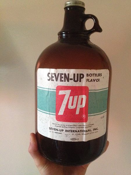 A jug of bottler's flavor for 7-Up. The syrup-like concentrate lacks sugar and is sold to franchisees to refill.