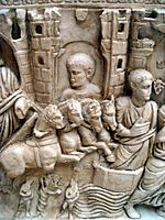 Detail from the right side of the cast of so-called Sarcophagus of Stilicho, sculpted around 385 AD, showing Noah floating on the water