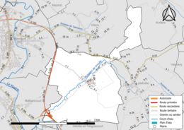 Carte en couleur présentant le réseau hydrographique de la commune